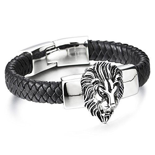 COOLSTEELANDBEYOND Große Geflochtenes Leder Armband für Herren mit Edelstahl Löwe und Schwarz Echtes Leder Biker Armband von COOLSTEELANDBEYOND