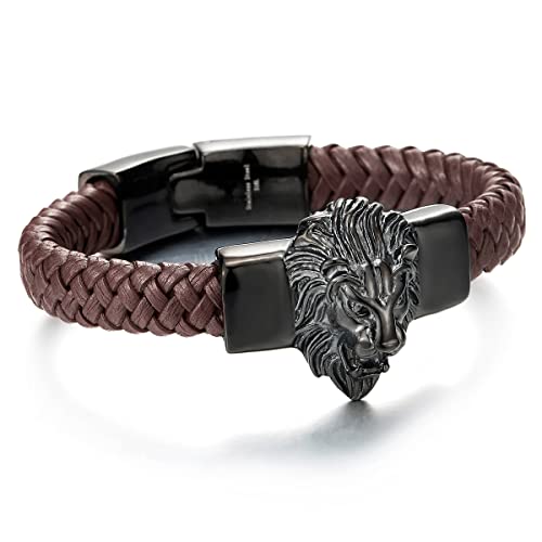 COOLSTEELANDBEYOND Große Geflochtenes Leder Armband für Herren mit Edelstahl Schwarz Farbe Löwe und Braun Echtes Leder Armband von COOLSTEELANDBEYOND