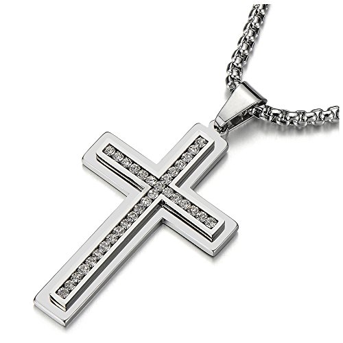 COOLSTEELANDBEYOND Große Kreuz Anhänger mit Zirkonia Herren Edelstahl-Halskette 75cm Stahl Weizen-Kette von COOLSTEELANDBEYOND