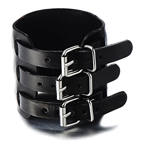 COOLSTEELANDBEYOND Große und Breites Lederarmband für Herren Punk Rock Armreif Schwarz Echtes Leder mit Drei Schnallen von COOLSTEELANDBEYOND