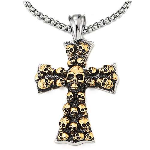 COOLSTEELANDBEYOND Großes Gotik Vintage Gold Schädel Kreuz Anhänger Halskette für Herren Edelstahl mit 75cm Weizen-Kette von COOLSTEELANDBEYOND