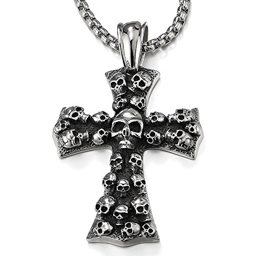 COOLSTEELANDBEYOND Großes Gotik Vintage Schädel Kreuz Anhänger Halskette für Herren Edelstahl mit 75cm Weizen-Kette von COOLSTEELANDBEYOND