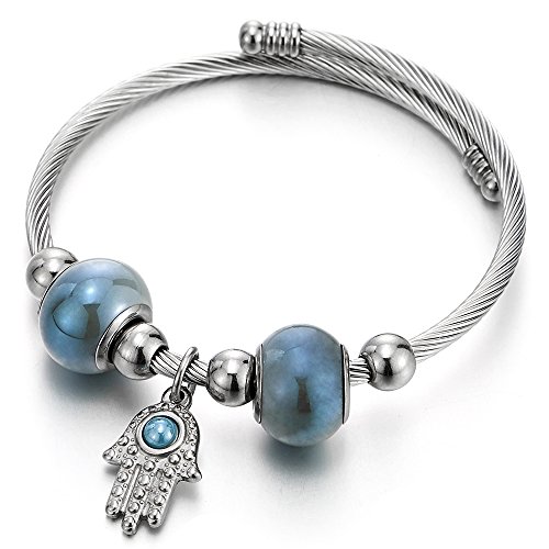 COOLSTEELANDBEYOND Hamsa Hand der Fatima Charm, Elastische Verstellbare-Edelstahl Armband Armreif für Damen Mädchen von COOLSTEELANDBEYOND