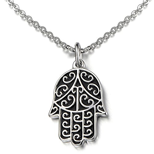 COOLSTEELANDBEYOND Hamsa Hand der Fatima Schutz Anhänger für Damen für Herren Edelstahl-Halskette mit 51cm Stahl Kette von COOLSTEELANDBEYOND