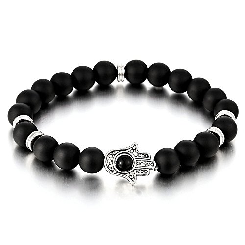 COOLSTEELANDBEYOND Hamsa Hand der Fatima Schutz Herren Damen Wulst Armband mit Schwarz Onyx Perlen, Prayer Mala von COOLSTEELANDBEYOND