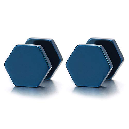 Herren Damen Blau Hexagon Ohrstecker Ohrringe, Fake Plugs Ohr Cheater Tunnel Gauges Ohr-Piercing Edelstahl, 1Paar von COOLSTEELANDBEYOND