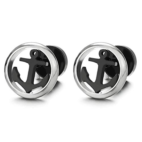 COOLSTEELANDBEYOND Herren Damen Edelstahl Flach Marine Anker Kreis Ohrstecker Ohrringe, Silber Schwarz, Rock, Schraube Wieder von COOLSTEELANDBEYOND