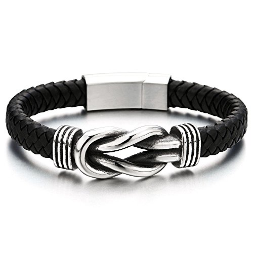 COOLSTEELANDBEYOND Herren Damen Edelstahl Freundschafts Nautischen Knoten Armband, Schwarz Geflochtene Lederarmband Armreif von COOLSTEELANDBEYOND