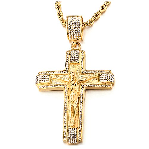 COOLSTEELANDBEYOND Herren Damen Edelstahl Große Gold Jesus Christus Kruzifix Kreuz Anhänger Halskette mit Zirkonia und 75cm Stahl Seilkette von COOLSTEELANDBEYOND