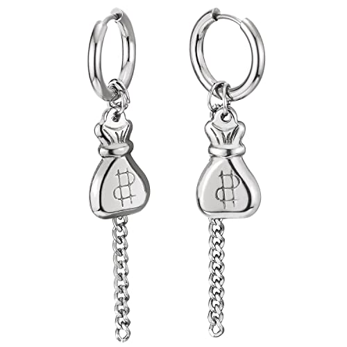 Herren Damen Edelstahl Kreis Huggie Aufklappbare Creolen Ohrringe mit Geldsack und Baumelnde Lange Kette Herren Damen Edelstahl Kreis Huggie Aufklappbare Creolen Ohrringe mit Geldsack und Baumelnde Lange Kette von COOLSTEELANDBEYOND
