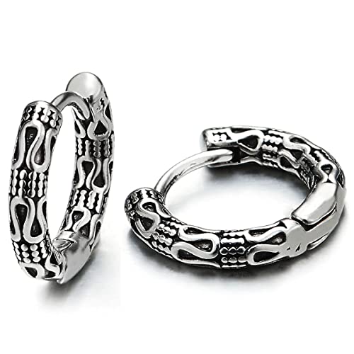Herren Damen Edelstahl Vintage Schlangenhaut-Muster Huggie Aufklappbare Creolen Ohrringe mit Tribal Tätowierung Muster von COOLSTEELANDBEYOND
