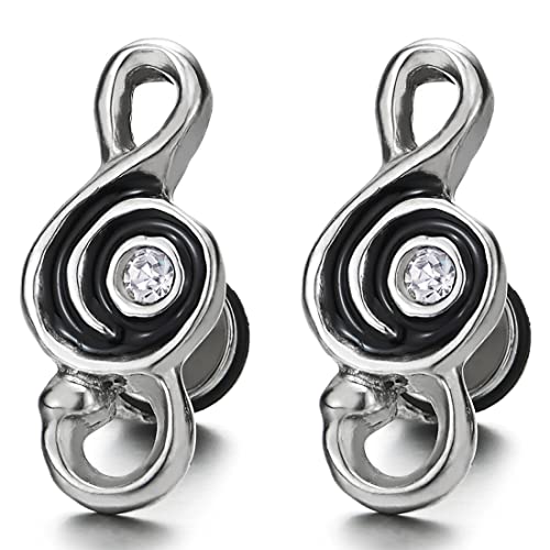 Herren Damen Edelstahl Violinschlüssel Musik-Note Ohrstecker Ohrringe mit Schwarzer Emaille und Zirkonia 2 pcs von COOLSTEELANDBEYOND