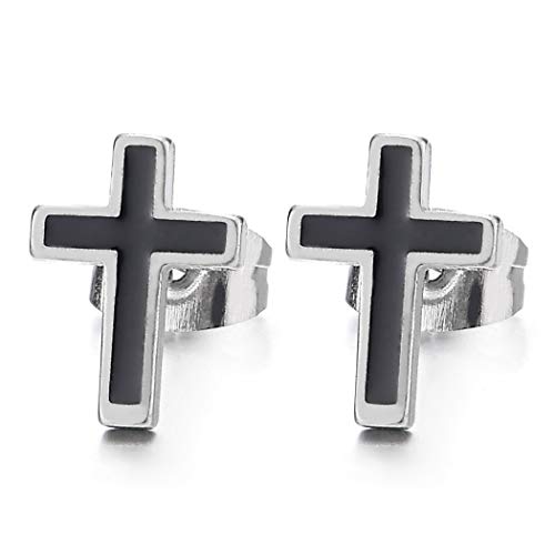 Herren Damen Flach Kreuz Ohrstecker Ohrringe Edelstahl Gestüt Ohrringe mit Schwarzer Emaille, Kreuz Ohrschmuck, 1 Paar von COOLSTEELANDBEYOND