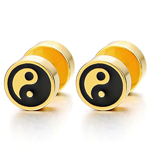 Herren Damen Gold Schwarz Yin-Yang Ohrringe Edelstahl Ohrstecker Fake Plugs Cheater Tunnel Gauges Ohr-Piercing, 1 Paar von COOLSTEELANDBEYOND