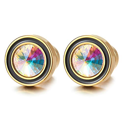 Herren Damen Goldfarben Kreis Ohrringe mit Regenbogen Zirkonia und Schwarzer Emaille, Edelstahl Fake Plug Ohr Cheater von COOLSTEELANDBEYOND