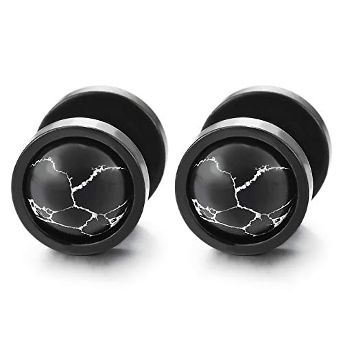 Herren Damen Kreis Ohrstecker Ohrringe mit Schwarz Weiß Marmor Edelsteine Ball, Fake Plugs Ohr Cheater Tunnel Edelstahl von COOLSTEELANDBEYOND