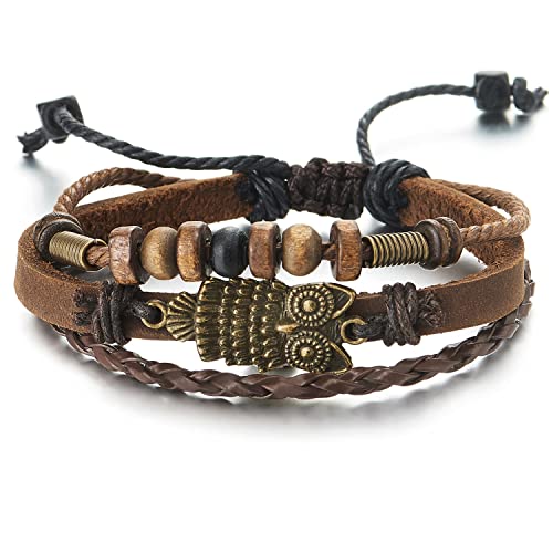 COOLSTEELANDBEYOND Herren Damen Multi-Strang Braun Geflochtenem Leder Braun Baumwolle Riemen Wickeln Armband mit Eule und Wulst Charme von COOLSTEELANDBEYOND