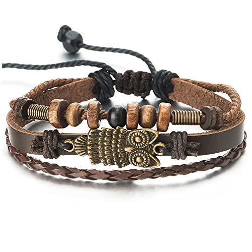 COOLSTEELANDBEYOND Herren Damen Multi-Strang Dunkelbraun Geflochtenem Leder Braun Baumwolle Riemen Wickeln Armband, Eule und Wulst Charme von COOLSTEELANDBEYOND