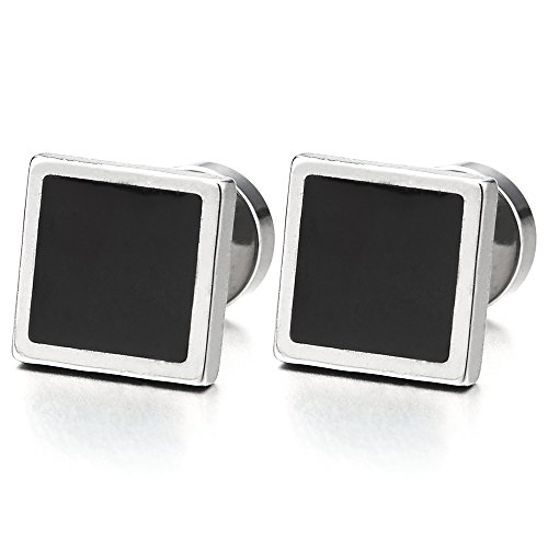 Herren Damen Quadrat Ohrstecker Ohrringe mit Schwarz Emaille, Fake Plug Ohr Cheater Tunnel Gauges Ohr-Piercing Edelstahl von COOLSTEELANDBEYOND