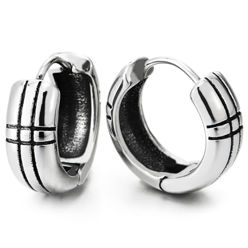 Herren Damen Retro-Stil Edelstahl Rillen Huggie Aufklappbare Creolen Ohrringe 2 pcs von COOLSTEELANDBEYOND