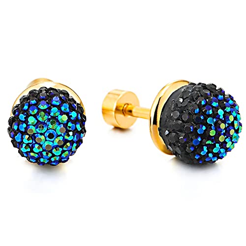 Herren Damen Schwarz Blau Strass Cluster Ball Ohrstecker Ohrringe, Goldfarben Edelstahl Ohrschmuck, Schraube Wieder von COOLSTEELANDBEYOND