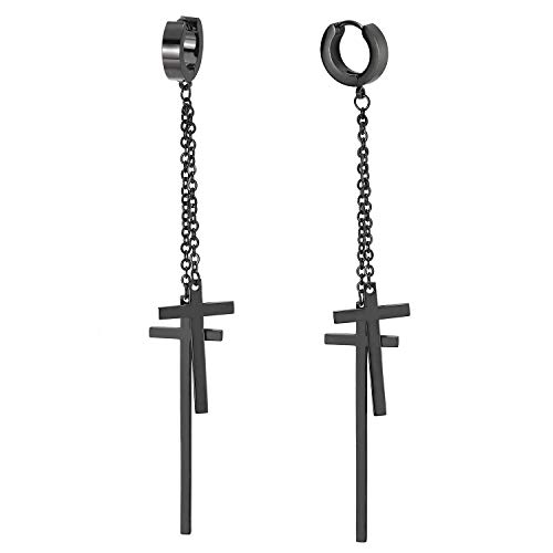 Herren Damen Schwarz Creolen mit Doppel Kette Lange Baumelnde Kreuz, Edelstahl Huggie Ohr Manschette Ohrringe, Punk-Rock Herren Damen Schwarz Creolen mit Doppel Kette Lange Baumelnde Kreuz, Edelstahl Huggie Ohr Manschette Ohrringe, Punk-Rock von COOLSTEELANDBEYOND