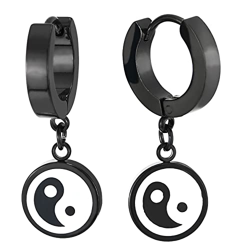 Herren Damen Schwarz Edelstahl Huggie Aufklappbare Creolen Ohrringe mit Kreis Yin-Yang und Weißer Emaille 2 pcs von COOLSTEELANDBEYOND