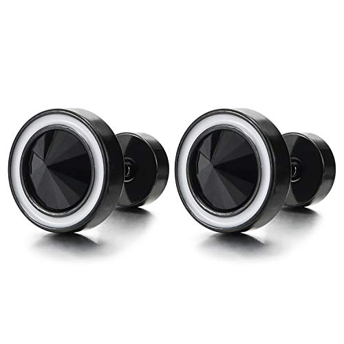 Herren Damen Schwarz Kreis Ohrringe Edelstahl Ohrstecker Spitzte Edelsteine Weiß Emaille Fakeplugs Fake Plugs Tunnel von COOLSTEELANDBEYOND