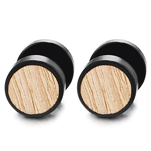 Herren Damen Schwarz Kreis Ohrringe Edelstahl Ohrstecker mit Holz Fake Plugs Cheater Tunnel Gauges Piercing Edelstahl von COOLSTEELANDBEYOND