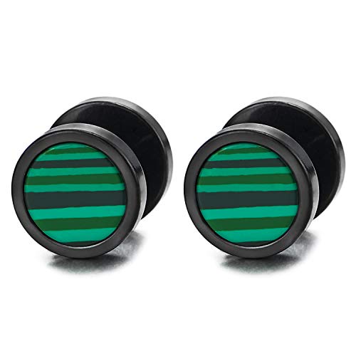 Herren Damen Schwarz Kreis Ohrringe Schwarz Stripes Grün Marmor Acryl Fake Plug Cheater Tunnel Gauges Piercing Edelstahl von COOLSTEELANDBEYOND