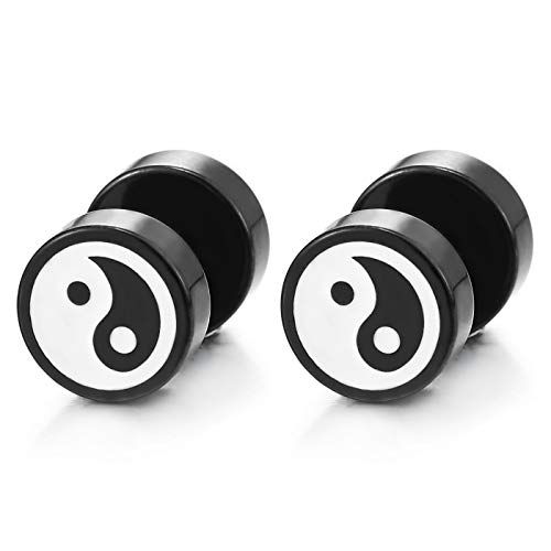 Herren Damen Schwarz Weiß Yin-Yang Ohrringe Edelstahl Ohrstecker Fake Plugs Cheater Tunnel Gauges Ohr-Piercing, 1 Paar von COOLSTEELANDBEYOND