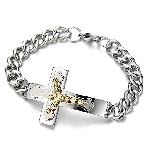 COOLSTEELANDBEYOND Herren Edelstahl Jesus Christus Kruzifix Kreuz-Armband Panzerkette Armband Poliert Farbe Silber Gold von COOLSTEELANDBEYOND