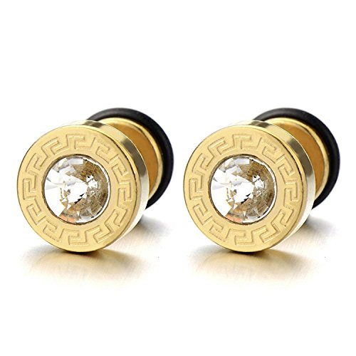 10MM Herren Gold Ohrringe mit 4MM Zirkonia und Griechischen Schlüsselmuster Edelstahl Ohrstecker 2 stück von COOLSTEELANDBEYOND