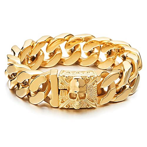 COOLSTEELANDBEYOND Herren Großes Edelstahl Gold Panzerkette Armband mit Fleur de Lis und Schädel, Biker Gotik, Poliert von COOLSTEELANDBEYOND