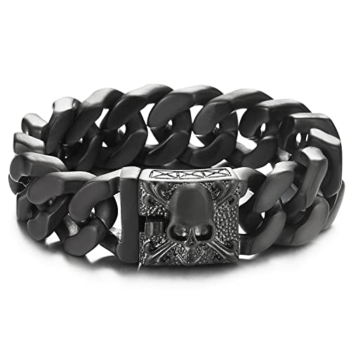 COOLSTEELANDBEYOND Herren Großes Schwarz Edelstahl Panzerkette Armband mit Fleur de Lis und Schädel, Biker Gotik, Satinierte von COOLSTEELANDBEYOND