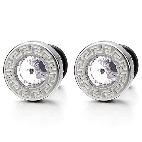 Herren Ohrringe mit 4MM Zirkonia und Griechischen Schlüsselmuster Edelstahl Ohrstecker, Schraube Wieder, 2 stück von COOLSTEELANDBEYOND