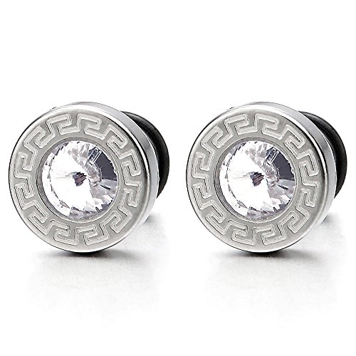 Herren Ohrringe mit 5.5MM Zirkonia und Griechischen Schlüsselmuster Edelstahl Ohrstecker, Schraube Wieder, 2 stück von COOLSTEELANDBEYOND