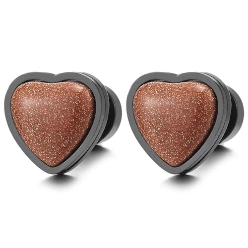 Herz Ohrstecker Ohrringe, Schwarz Edelstahl mit Braun Harz Stein Eingelegtes Minimalistischen Punk Rock für Piercing Ohr von COOLSTEELANDBEYOND