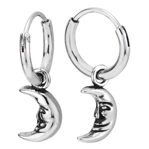 Hoffe Ohrringe mit Baumelnde Mond Gesicht, Edelstahl Kreis Creolen Huggie Hinged Ohrringe für Herren Damen, 1 Paar Hoffe Ohrringe mit Baumelnde Mond Gesicht, Edelstahl Kreis Creolen Huggie Hinged Ohrringe für Herren Damen, 1 Paar von COOLSTEELANDBEYOND