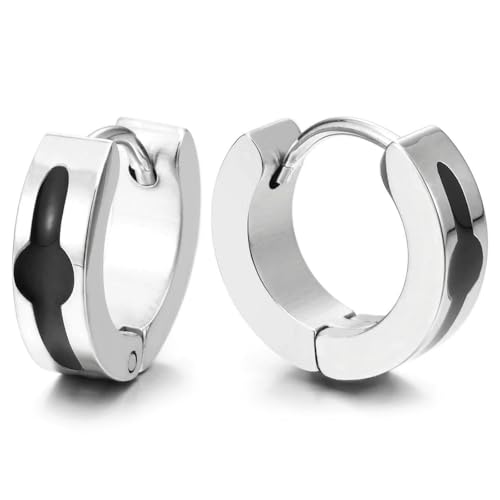 Huggie-Creolen aus Stahl für Herren und Damen Silberton mit Schwarzem Emaille-Design, Klassischer Clip-On Huggie-Creolen aus Stahl für Herren und Damen Silberton mit Schwarzem Emaille-Design, Klassischer Clip-On von COOLSTEELANDBEYOND