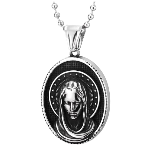 Jungfrau Maria-Kette für Damen, Ovaler Edelstahl-Anhänger Halskette mit Schwarzer Emaille, Religiöser Schmuck von COOLSTEELANDBEYOND