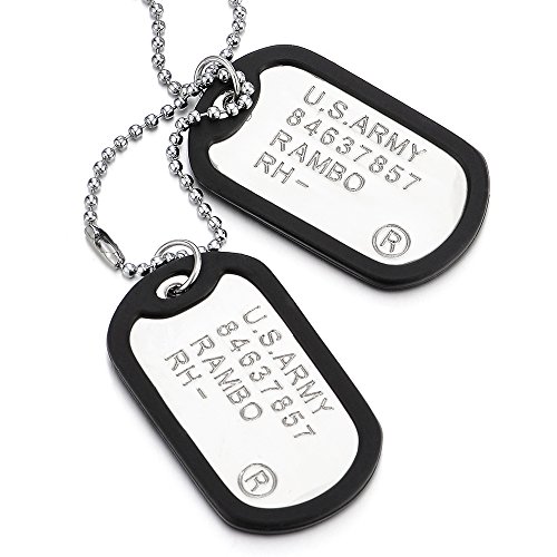 COOLSTEELANDBEYOND Klassischer Zwei Stücke Herren Militär Armee Dog Tag Anhänger mit Schwarz Silikon und 70cm Kugelkette von COOLSTEELANDBEYOND