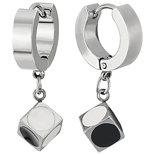 Kreis Creolen Ohrringe mit Baumelnde Würfel von Schwarz Weiß Emaille, Herren Damen Edelstahl Huggie Ohr Manschette von COOLSTEELANDBEYOND