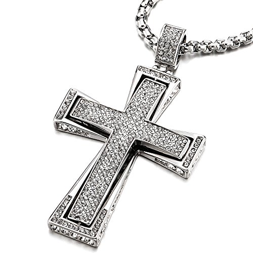 COOLSTEELANDBEYOND Kreuz Anhänger mit Zirkonia, Herren Damen Edelstahl Halskette 75cm Stahl Kugelkette von COOLSTEELANDBEYOND