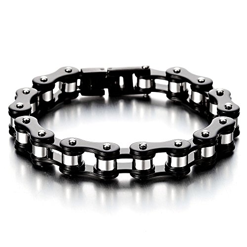 COOLSTEELANDBEYOND Männlich Schwarz Silber Zweifarbig Herren-Armband Fahrradkette Motorradkette aus Edelstahl Hochglanz Poliert von COOLSTEELANDBEYOND