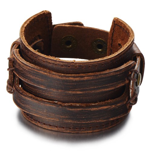 COOLSTEELANDBEYOND Metall Braun Herren Lederarmband Große Echtes Leder Schweißband mit Druckknöpfe von COOLSTEELANDBEYOND