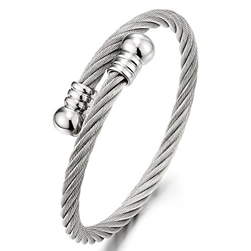 COOLSTEELANDBEYOND Minimalistisch Elastische Verstellbare-Dame Herren-Armband Verdrehten Stahlkabel Armreif aus Edelstahl Silber Farbe von COOLSTEELANDBEYOND