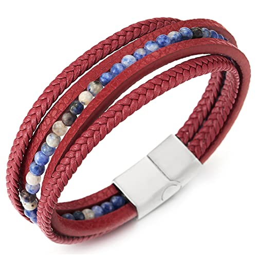 COOLSTEELANDBEYOND Multi-Strang Armband Edelsteine Wulst Kette Rot Geflochtene Leder Schweißband Edelstahl Magnetverschluss von COOLSTEELANDBEYOND