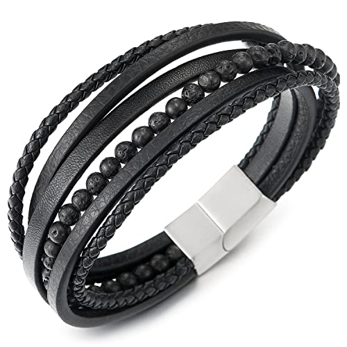 COOLSTEELANDBEYOND Multi-Strang Armband Edelsteine Wulst Kette Schwarz Geflochtene Leder Schweißband Edelstahl Magnetverschluss von COOLSTEELANDBEYOND