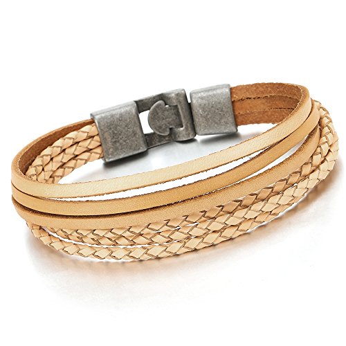 COOLSTEELANDBEYOND Multi-Strang Beige Braun Lederarmband für Damen Herren, Wickeln Schweissband Schweißband von COOLSTEELANDBEYOND